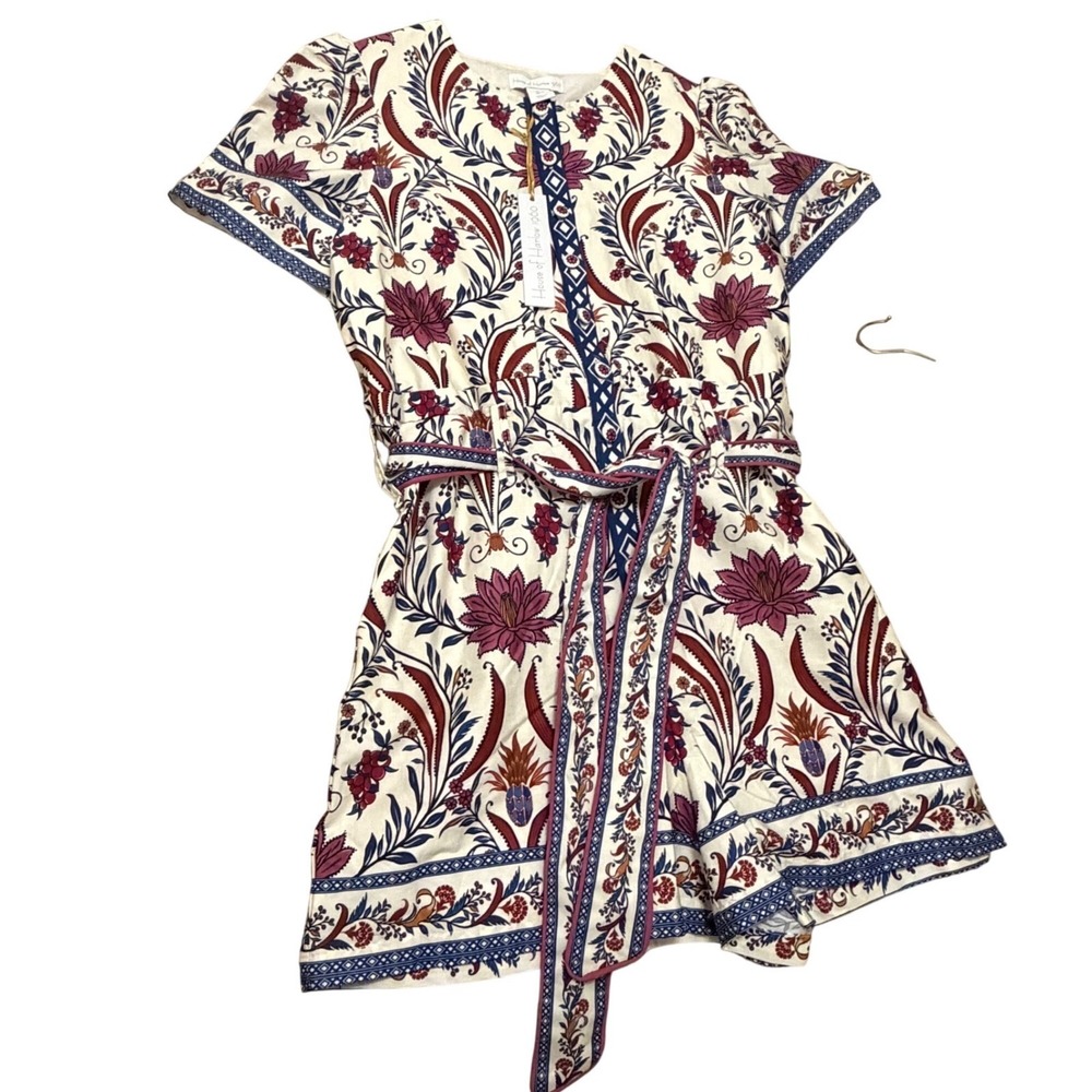 House of Harlow 1960 Floral Button Front Romper with Belt Cream Blue Burgundy 4